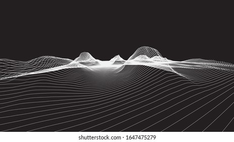 Abstract wireframe background. 3D grid technology illustration landscape in style only parallel lines. Digital Terrain Cyberspace in the Mountains with valleys. Data Array. Vector Illustration.