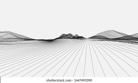 Abstract wireframe background. 3D grid technology illustration landscape in style only parallel lines. Digital Terrain Cyberspace in the Mountains with valleys. Data Array. Vector Illustration.