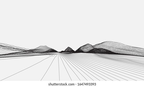 Abstract wireframe background. 3D grid technology illustration landscape in style only parallel lines. Digital Terrain Cyberspace in the Mountains with valleys. Data Array. Vector Illustration.