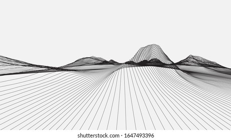 Fondo del modelo de alambres abstracto. Ilustración de la tecnología de cuadrícula 3D en el paisaje de estilo sólo líneas paralelas. Ciberespacio Digital Terrain en las Montañas con valles. Matriz de datos. Ilustración vectorial.