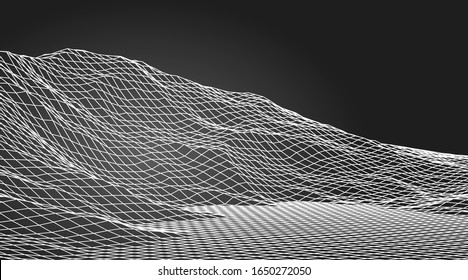 Fondo del modelo de alambres abstracto. Entorno de ilustración de tecnología de cuadrícula 3D. Ciberespacio Digital Terrain en las Montañas con valles. Matriz de datos. Ilustración vectorial.