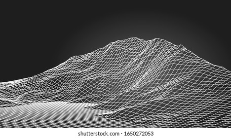 Abstract wireframe background. 3D grid technology illustration landscape. Digital Terrain Cyberspace in the Mountains with valleys. Data Array. Vector Illustration.