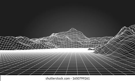 Abstract wireframe background. 3D grid technology illustration landscape. Digital Terrain Cyberspace in the Mountains with valleys. Data Array. Vector Illustration.
