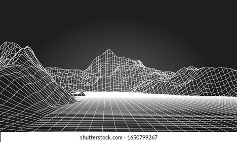 Abstrakter Wireframe Hintergrund. 3D-Rastertechnik-Illustrationslandschaft. Digitales Terrain Cyberspace in den Bergen mit Tälern. Datenarray. Vektorillustration Illustration.