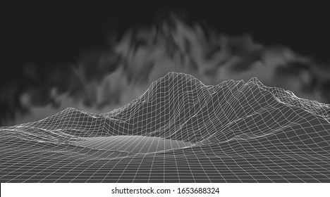Abstract wireframe background. 3D grid technology illustration landscape. Digital Terrain Cyberspace in the Mountains with valleys. Data Array. Vector Illustration.