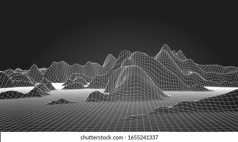 Abstract wireframe background. 3D grid technology illustration landscape. Digital Terrain Cyberspace in the Mountains with valleys. Data Array. Vector Illustration.