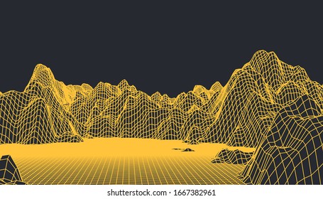 Abstract wireframe background. 3D grid technology illustration landscape. Digital Terrain Cyberspace in the Mountains with valleys. Data Array. | EPS10 Vector.