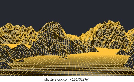 Abstract wireframe background. 3D grid technology illustration landscape. Digital Terrain Cyberspace in the Mountains with valleys. Data Array. | EPS10 Vector.