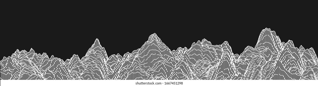 Abstract wireframe background. 3D grid technology illustration landscape. Digital Terrain Cyberspace in the Mountains with valleys. Ultra Wide. Data Array. | EPS10 Vector.