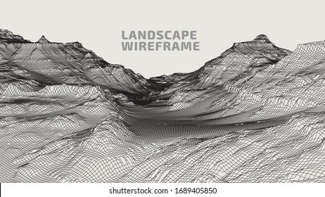 Abstract wireframe background. 3D grid technology illustration landscape, canyon. Digital Terrain Cyberspace in the Mountains with valleys. Data Array. | EPS10 Vector.