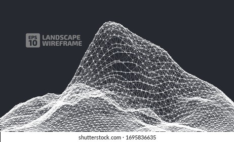 Abstract wireframe background. 3D grid technology illustration landscape. Digital Terrain Cyberspace in the Mountains with valleys. Data Array. | EPS10 Vector.