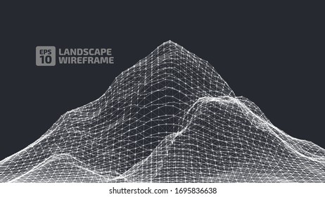 Abstract wireframe background. 3D grid technology illustration landscape. Digital Terrain Cyberspace in the Mountains with valleys. Data Array. | EPS10 Vector.