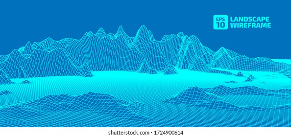 Abstract wireframe background. 3D grid technology illustration landscape. Digital Terrain Cyberspace in the Mountains with valleys. Data Array. Vector Illustration.