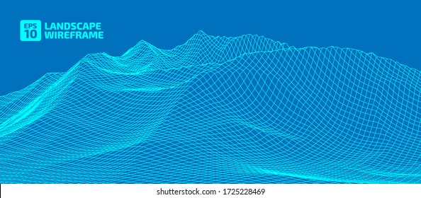 Abstract wireframe background. 3D grid technology illustration landscape. Digital Terrain Cyberspace in the Mountains with valleys. Data Array. Vector Illustration.