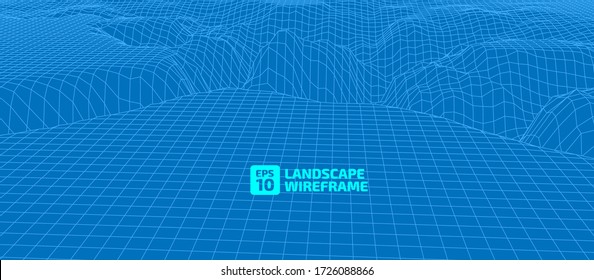 Abstract wireframe background. 3D grid technology illustration landscape. Digital Terrain Cyberspace in the Mountains with valleys. Data Array. Vector Illustration.