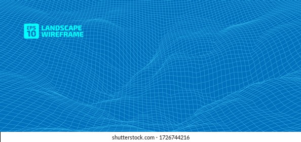 Abstract wireframe background. 3D grid technology illustration landscape. Digital Terrain Cyberspace in the Mountains with valleys. Data Array. Vector Illustration.