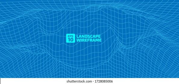 Abstract wireframe background. 3D grid technology illustration landscape. Digital Terrain Cyberspace in the Mountains with valleys. Mesh, cage, crate, polygon. Data Array. Vector Illustration.