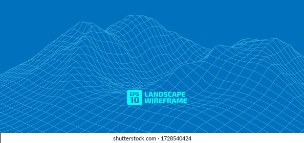 Fondo de trama abstracta. paisaje de ilustración de tecnología de cuadrícula 3D. Ciberespacio Digital Terrain en las montañas con valles. Matriz de datos. Ilustración vectorial.