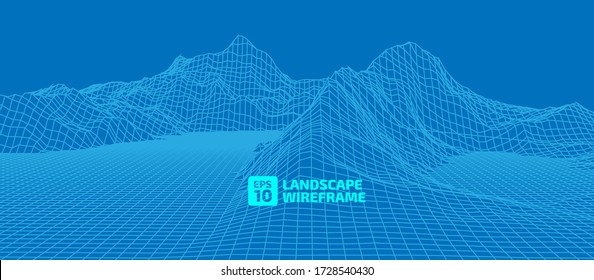Abstract wireframe background. 3D grid technology illustration landscape. Digital Terrain Cyberspace in the Mountains with valleys. Data Array. Vector Illustration.