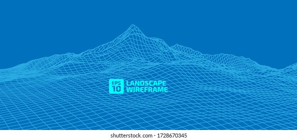 Abstract wireframe background. 3D grid technology illustration landscape. Digital Terrain Cyberspace in the Mountains with valleys. Data Array. Vector Illustration.
