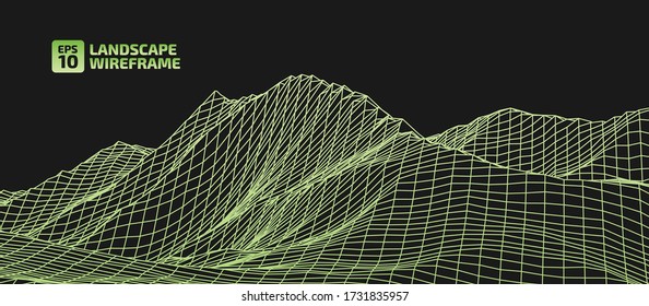 Abstract wireframe background. 3D grid technology illustration landscape. Digital Terrain Cyberspace in the Mountains with valleys. Data Array. Vector Illustration.