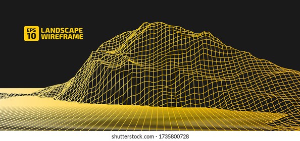 Abstract wireframe background. 3D grid technology illustration landscape. Digital Terrain Cyberspace in the Mountains with valleys. Data Array. Vector Illustration.