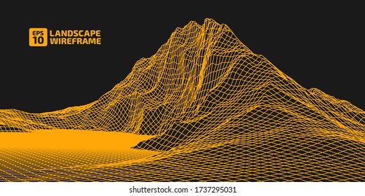 Abstract wireframe background. 3D grid technology illustration landscape. Digital Terrain Cyberspace in the Mountains with valleys. Data Array. Orange lines on a black background. Vector Illustration.