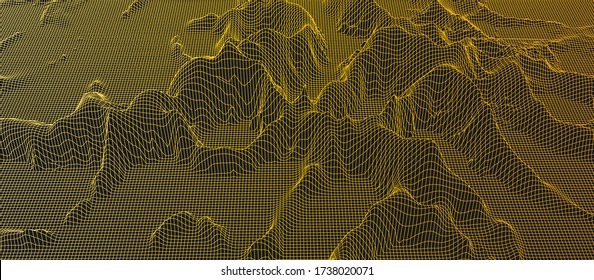 Abstract wireframe background. 3D grid technology illustration landscape. Digital Terrain Cyberspace in the Mountains with valleys. Data Array. Vector Illustration.