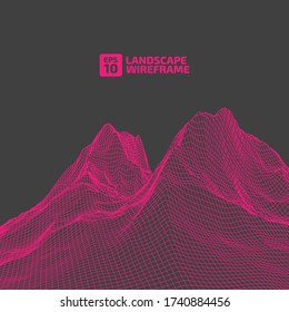 Fondo de trama abstracta. paisaje de ilustración de tecnología de cuadrícula 3D. Rosa sobre ceniza negra. Ciberespacio Digital Terrain en las montañas con valles. Matriz de datos. Dimensión virtual. Vector.