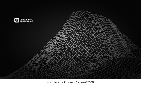 Abstract wireframe background. 3D grid technology illustration landscape. Digital Terrain Cyberspace in the Mountains with valleys. Data Array. On a dark background. Vector Illustration.