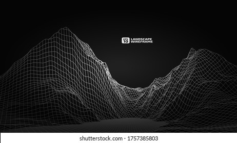 Abstract wireframe background. 3D grid technology illustration landscape. Digital Terrain Cyberspace in the Mountains with valleys. Data Array. On a dark background. Vector Illustration.