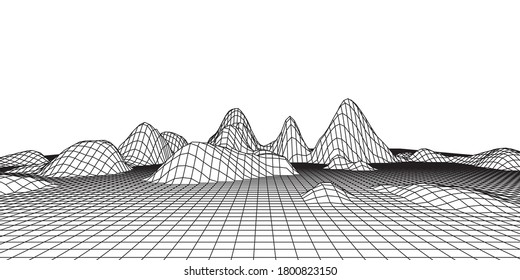 Abstract wireframe background. 3D grid technology illustration landscape. Black & White. Digital Terrain Cyberspace in the Mountains with valleys. Data Array. Vector.
