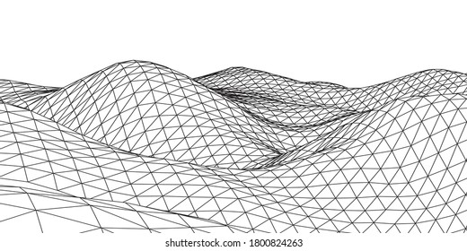 Abstract wireframe background. 3D grid technology illustration landscape. Black & White. Digital Terrain Cyberspace in the Mountains with valleys. Data Array. Vector.