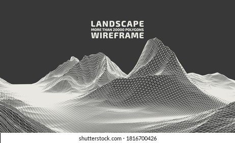 Abstract wireframe background. 3D grid technology illustration landscape. Digital Terrain Cyberspace in the Mountains with valleys. Data Array. | EPS10 Vector.