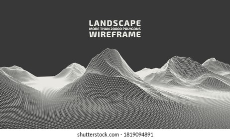 Abstract wireframe background. 3D grid technology illustration landscape. Digital Terrain Cyberspace in the Mountains with valleys. Data Array. | EPS10 Vector.