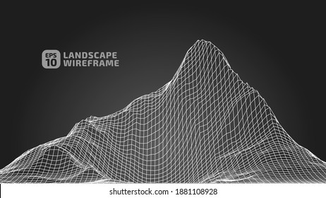 Abstract wireframe background. 3D grid technology illustration landscape. Digital Terrain Cyberspace in the Mountains with valleys. Data Array. Vector Illustration.