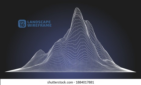 Abstract wireframe background. 3D grid technology illustration landscape. Digital Terrain Cyberspace in the Mountains with valleys. Data Array. Dark Blue and White. Vector Illustration.