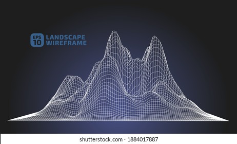 Abstract wireframe background. 3D grid technology illustration landscape. Digital Terrain Cyberspace in the Mountains with valleys. Data Array. Dark Blue and White. Vector Illustration.