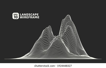 Abstract wireframe background. 3D grid technology illustration landscape. Digital Terrain Cyberspace in the Mountains with valleys. Data Array. Black and White. Vector Illustration.