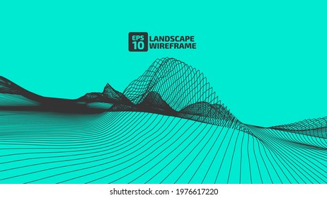 Abstract wireframe background. 3D grid technology illustration landscape. Digital Terrain Cyberspace in the Mountains with valleys. Data Array. Vector Illustration.