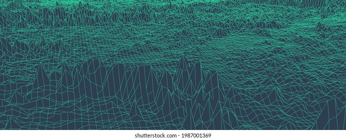 Abstract wireframe background. 3D grid technology illustration landscape. Digital Terrain Cyberspace in the Mountains with valleys. Data Array. Vector Illustration.