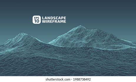 Abstract wireframe background. 3D grid technology illustration landscape. Digital Terrain Cyberspace in the Mountains with valleys. Data Array. Vector Illustration.
