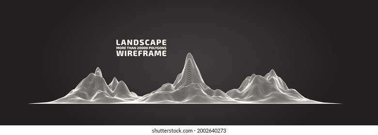 Fondo de trama abstracta. paisaje de ilustración de tecnología de cuadrícula 3D. Ciberespacio Digital Terrain en las montañas con valles. Matriz de datos. Tamaño ultra amplio. Blanco y negro. Ilustración vectorial.