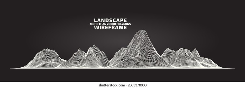Abstract wireframe background. 3D grid technology illustration landscape. Digital Terrain Cyberspace in the Mountains with valleys. Data Array. Ultra wide size. Black and White. Vector Illustration.
