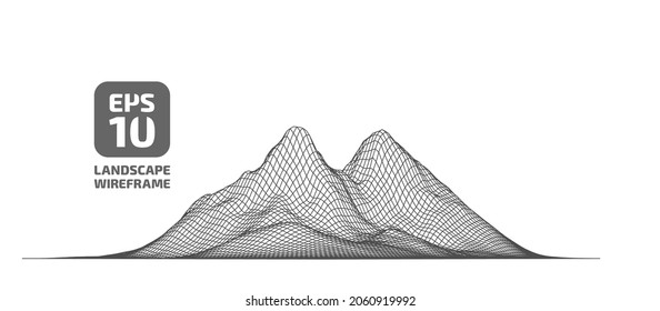Abstract wireframe background. 3D grid technology illustration landscape. Black and white colors. Digital Terrain Cyberspace in Mountains with valleys. Data Array. Isolated object. Vector Illustration