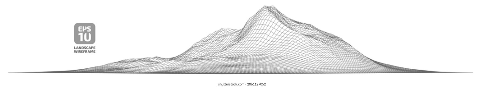 Abstract wireframe background. 3D grid technology, vector illustration landscape. Black and white colors. Digital Terrain Cyberspace in Mountains with valleys. Data Array. Isolated object. Ultra Wide.