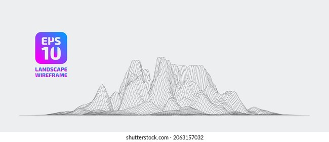 Abstract wireframe background. 3D grid technology, vector illustration landscape. Black on gray colors. Digital Terrain Cyberspace in Mountains with valleys. Data Array. Isolated object. Ultra Wide.