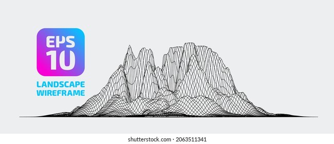Abstract wireframe background. 3D grid technology, vector illustration landscape. Black on gray colors. Digital Terrain Cyberspace in Mountains with valleys. Data Array. Isolated object. Ultra Wide.
