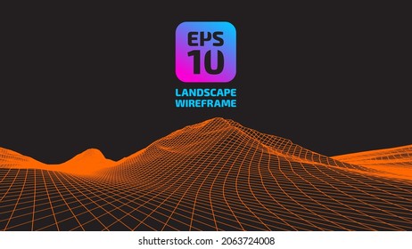 Abstract wireframe background. 3D grid technology, vector illustration landscape. Orange on black colors. Digital Terrain Cyberspace in Mountains with valleys. Data Array. Isolated object. Ultra Wide.
