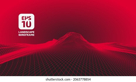 Abstract wireframe background. 3D grid technology, vector illustration landscape. Red on black colors. Digital Terrain Cyberspace in Mountains with valleys. Data Array. Isolated object. 